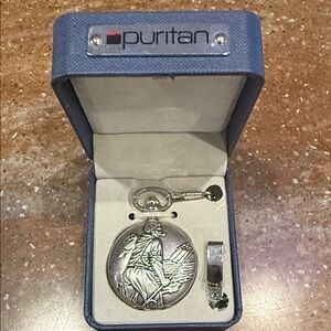 Puritan Silver Pocket Watch and Keychain Set